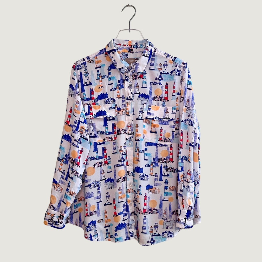 Chicos Lighthouse Print Button Down Shirt Womens Size 2 L 12/14 Nautical Coastal